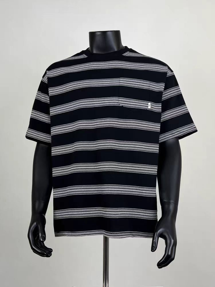 Black White Striped Crew Neck Oversized Tee with Chest Pocket for Men