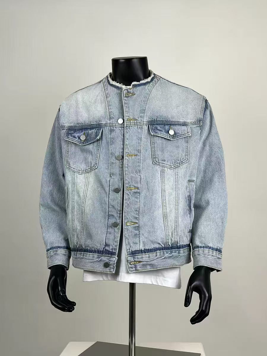 Men's Vintage Washed Collarless Denim Jacket, Distressed Frayed Neck Trucker Jacket for Casual Streetwear