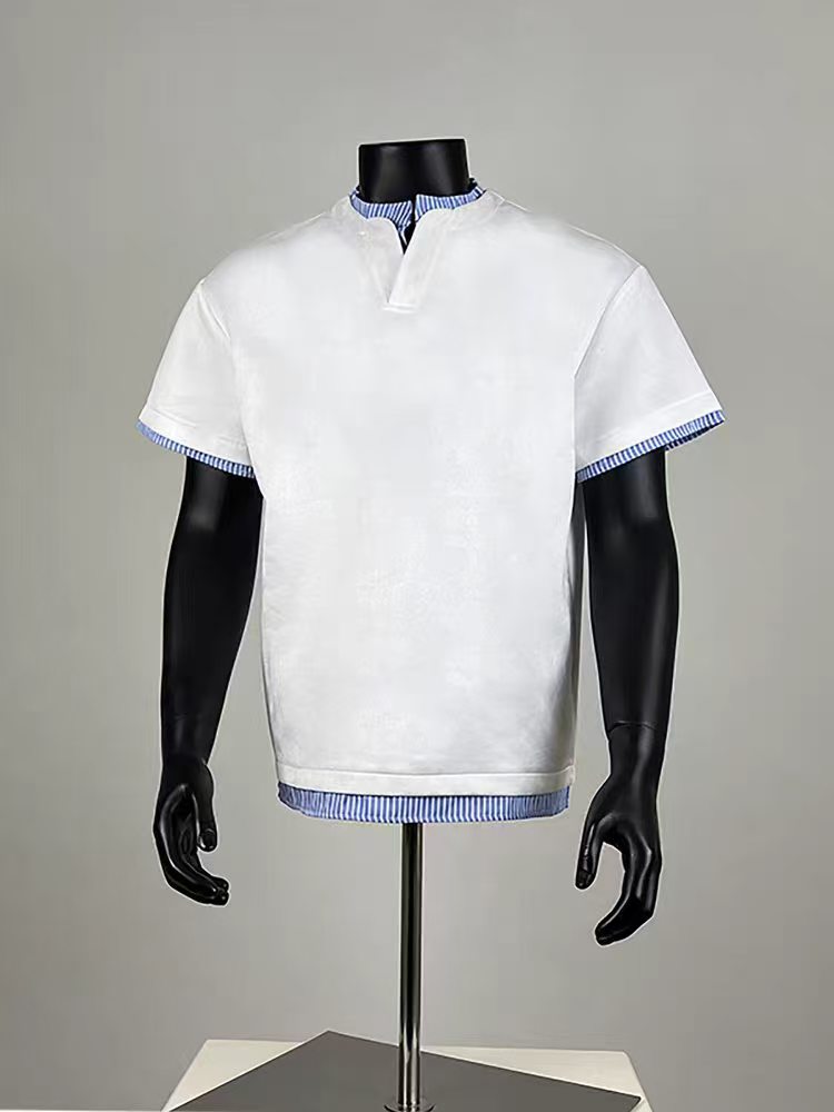 Men's White 2 in 1 Layered T-Shirt with Blue Striped Collar & Cuff, Contrast Patchwork Short Sleeve Tee, Smart Casual Top