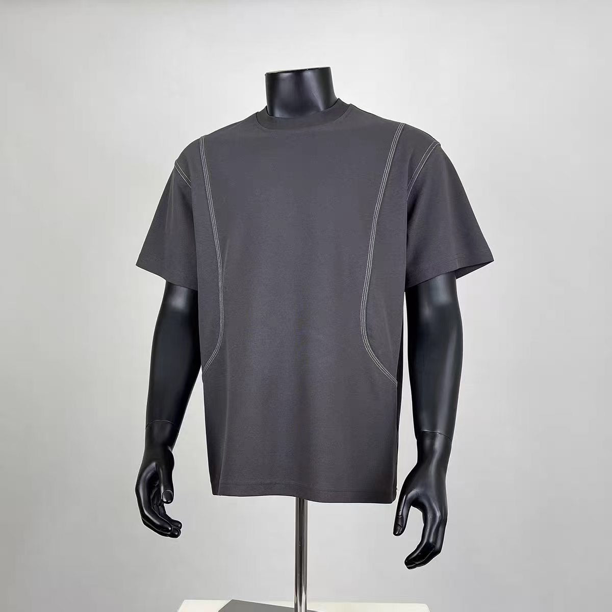 Men's Dark Grey Contrast Stitch Oversized T-Shirt, Casual Streetwear Short Sleeve Top, Loose Fit Crewneck Tee for Summer
