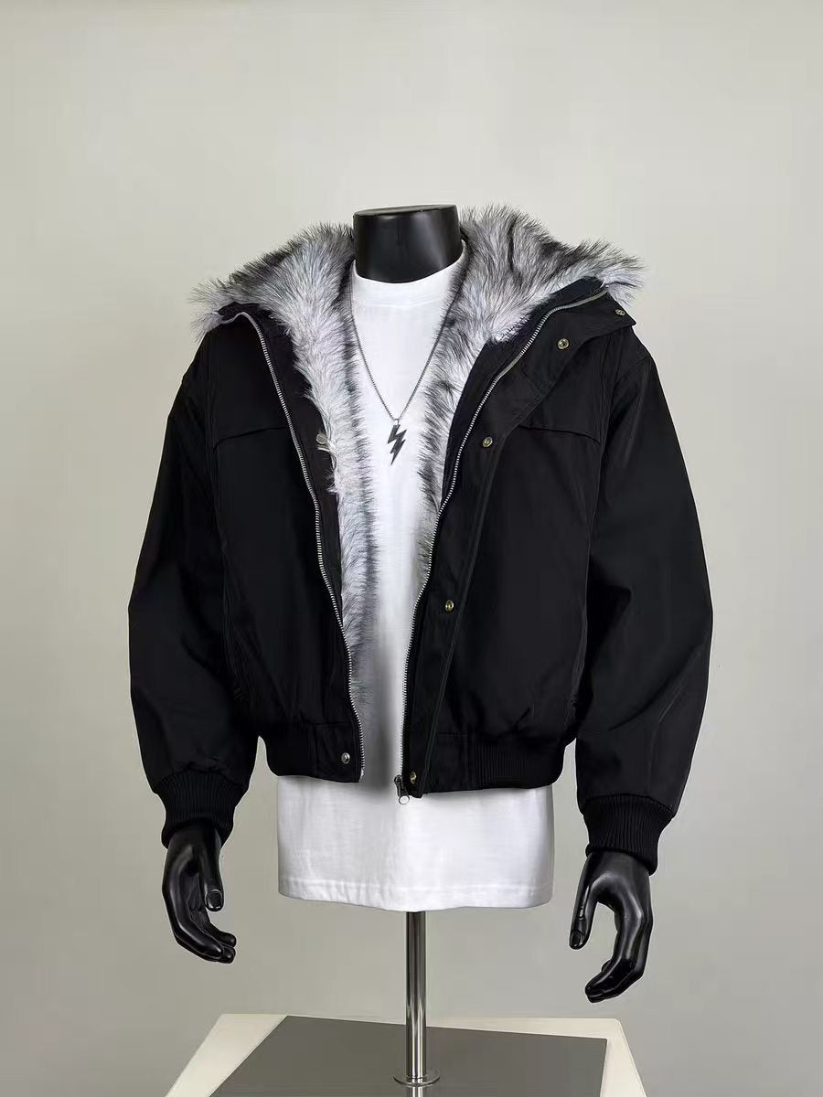 Men's Black Reversible Faux Fur Lined Hooded Winter Bomber Jacket