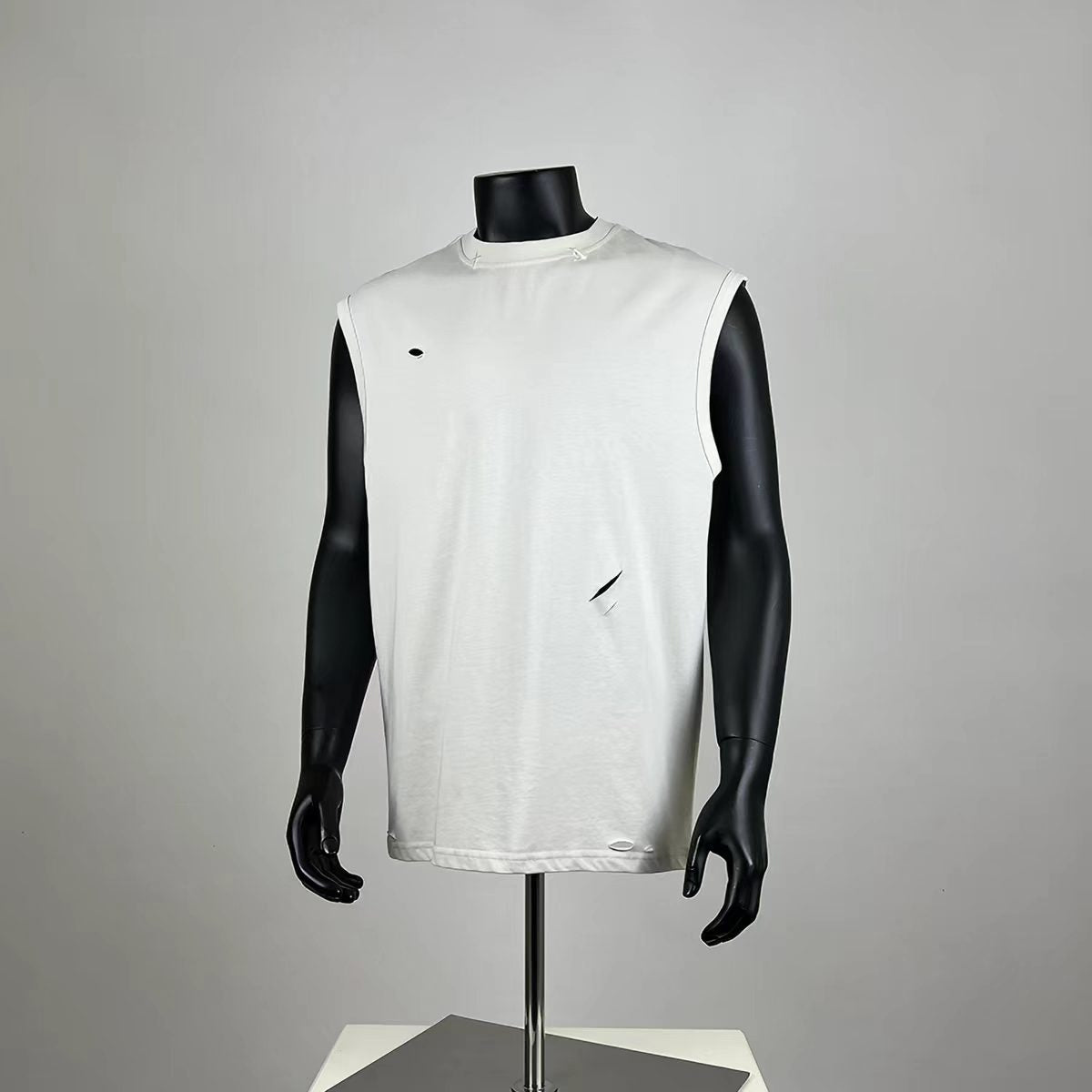 White Distressed Cutout Oversized Sleeveless Streetwear Tank for Men