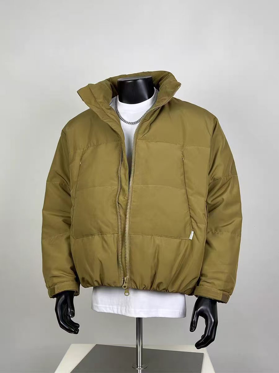 Men's Olive Green Boxy Puffer Jacket | Stand Collar Winter Bomber Coat