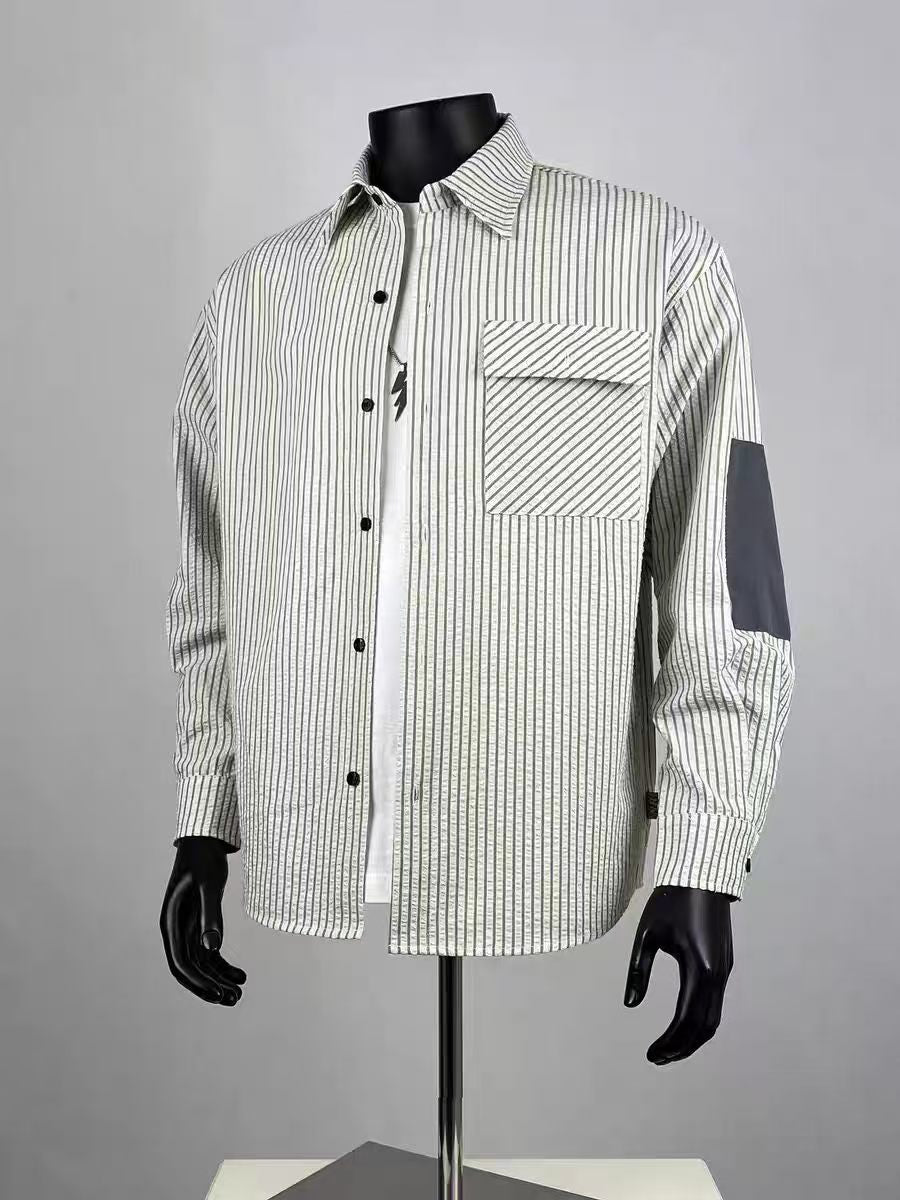 Men's Textured Stripe Button Down Shirt, Casual Long Sleeve Workwear Shirt with Elbow Patch