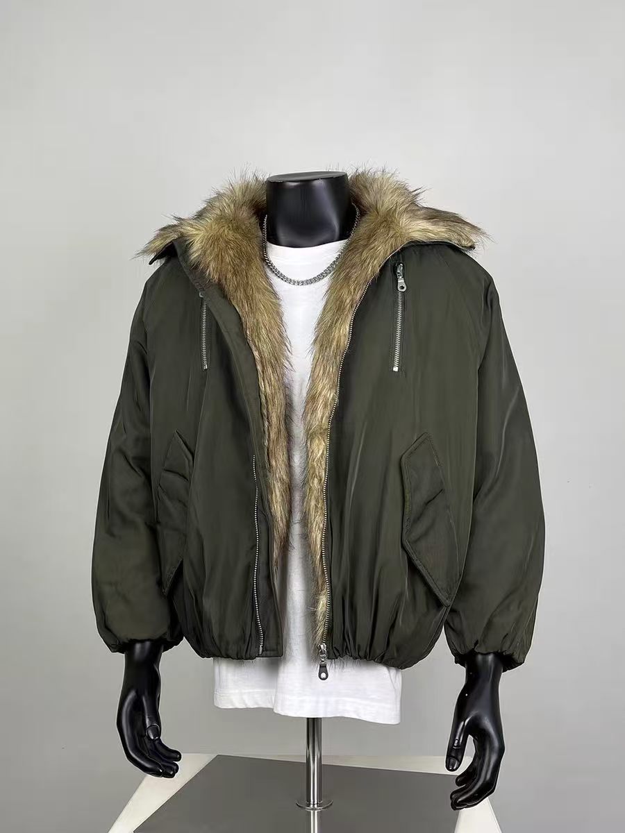 Men's Faux Fur Lined Hooded Bomber Jacket - Army Green Casual Winter Outerwear