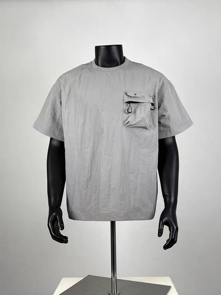 Men's Oversized Functional Pocket T-Shirt, Quick-Dry Nylon Blend Crew Neck Short Sleeve Tee, Techwear Streetwear Top
