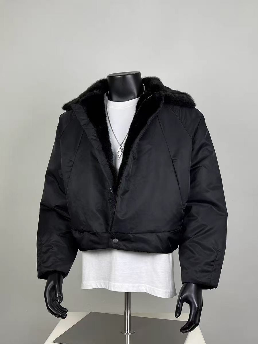 Men's Black Faux Fur Collar Cropped Puffer Jacket Thick Warm Winter Streetwear Coat