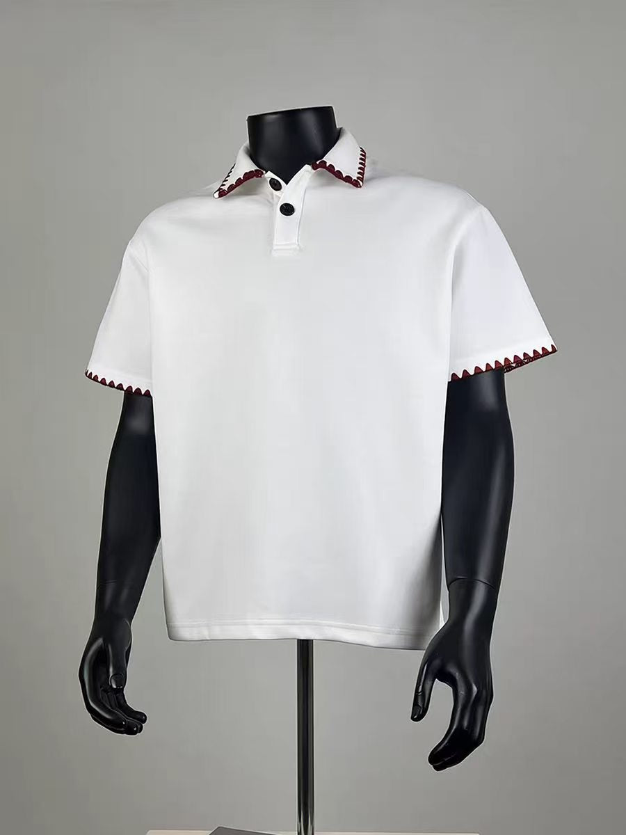 Men's Contrast Stitch Oversized Polo Shirt, White Short Sleeve with Red Zigzag Trim, Casual Streetwear Top