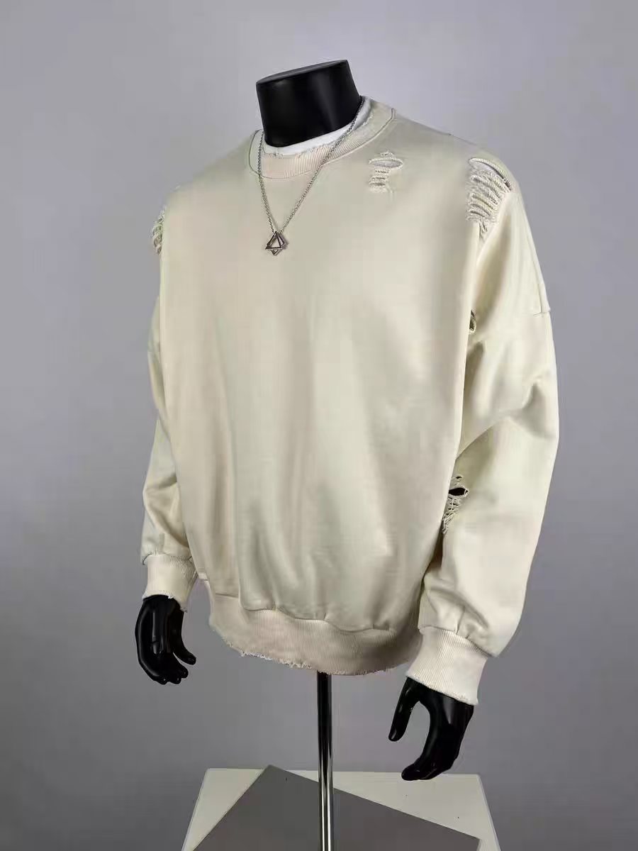 Men's Distressed Crewneck Sweatshirt, Vintage Washed Cream Oversized Pullover