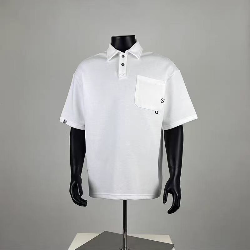 Men's Oversized White Mountain Logo Pocket Polo Shirt, Casual Breathable Short Sleeve Polo Top for Daily & Outdoor Wear