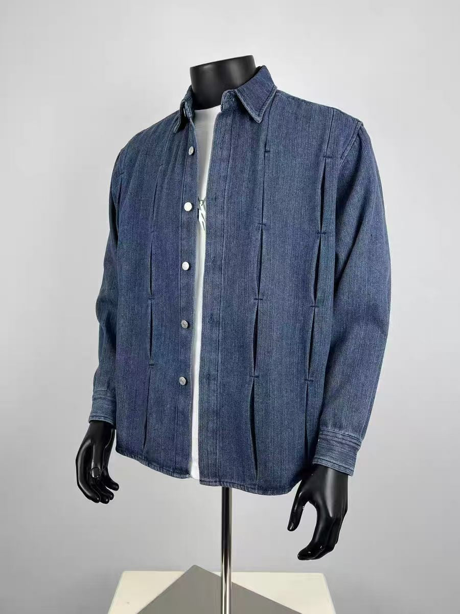 Men's Textured Pleated Denim Shirt Jacket, Vintage Washed Blue Button Down Overshirt