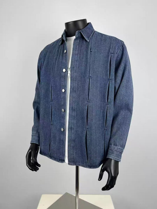 Men's Textured Pleated Denim Shirt Jacket, Vintage Washed Blue Button Down Overshirt
