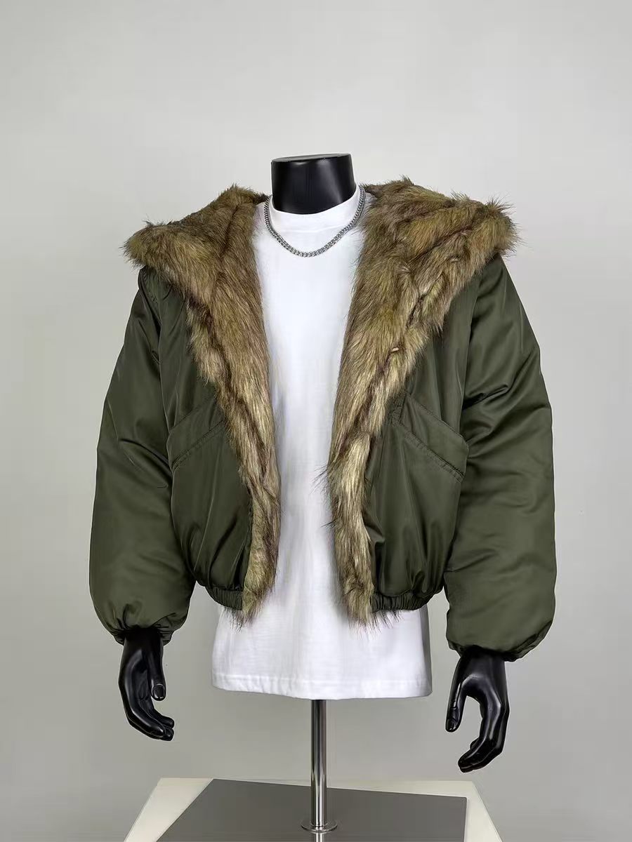 Men's Olive Green Faux Fur Collar Cropped Puffer Jacket - Warm Winter Streetwear