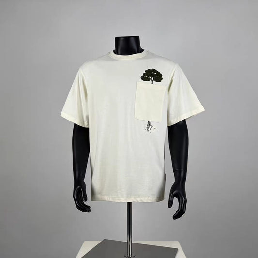 Men's Off-White Tree Embroidery Pocket T-Shirt, Casual Minimalist Oversized