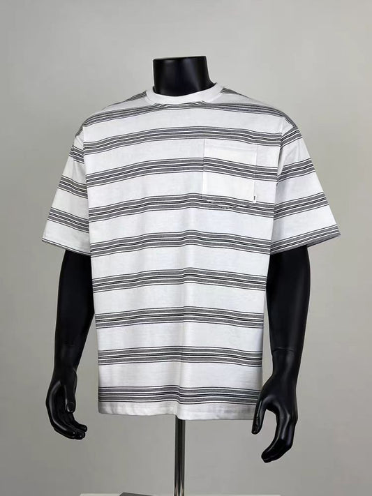 White Black Striped Crew Neck Oversized Tee with Chest Pocket for Men