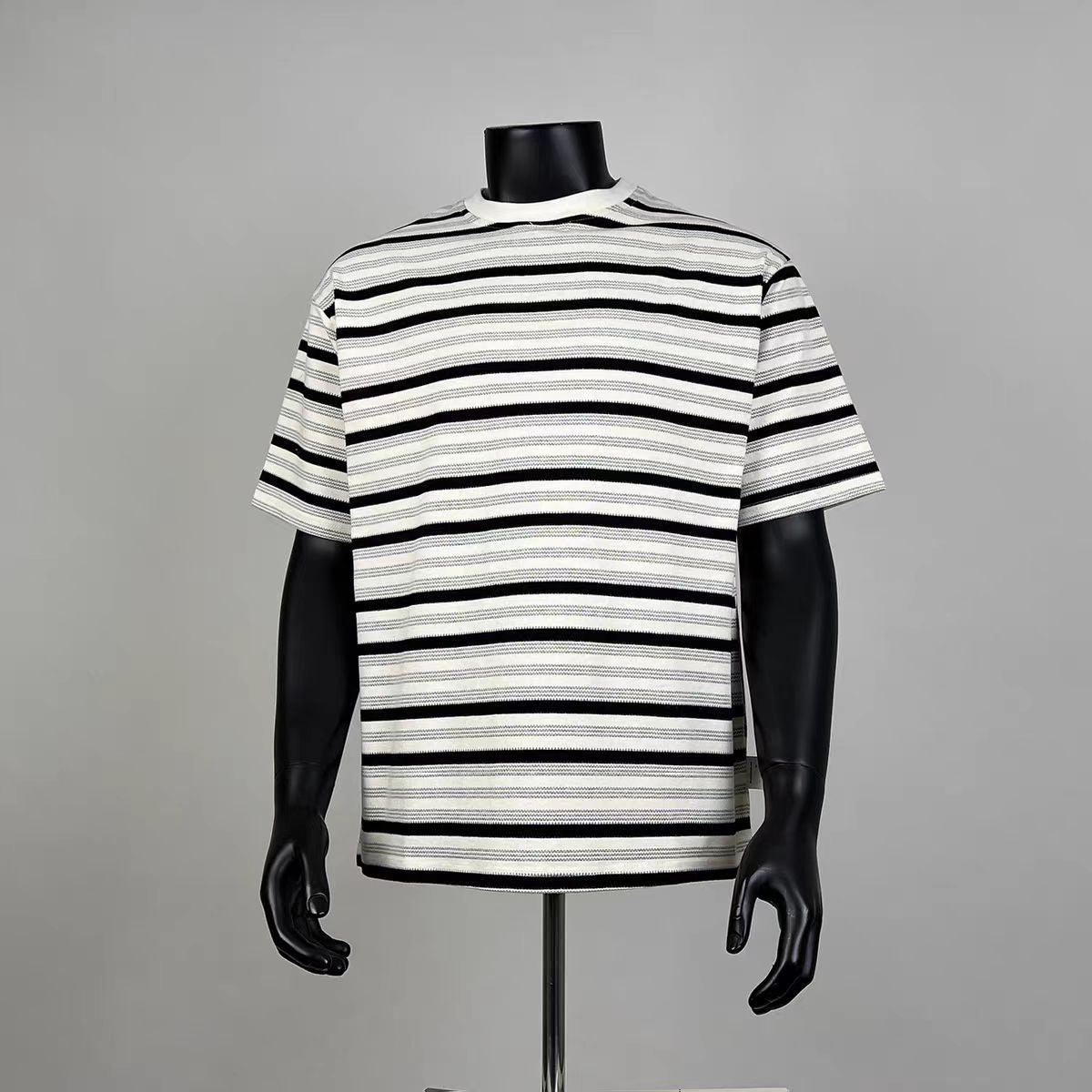 Men's Oversized Off-White & Black Stripe Textured Short Sleeve T-Shirt