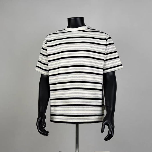 Men's Oversized Off-White & Black Stripe Textured Short Sleeve T-Shirt