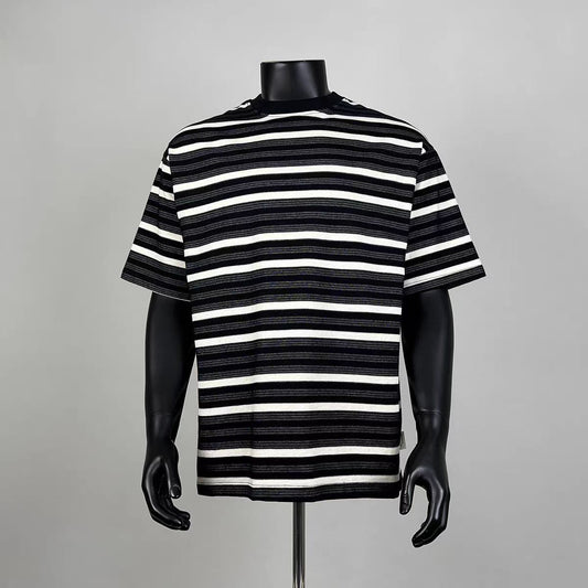 Black White Striped Crew Neck Oversized Retro Tee for Men