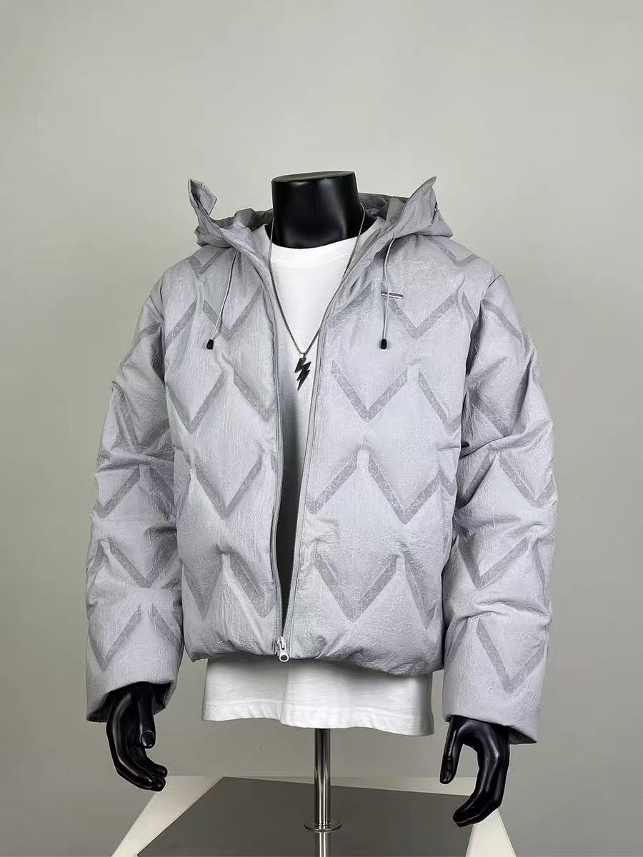 Men's Chevron Pattern Hooded Puffer Jacket - Casual Warm Winter Coat