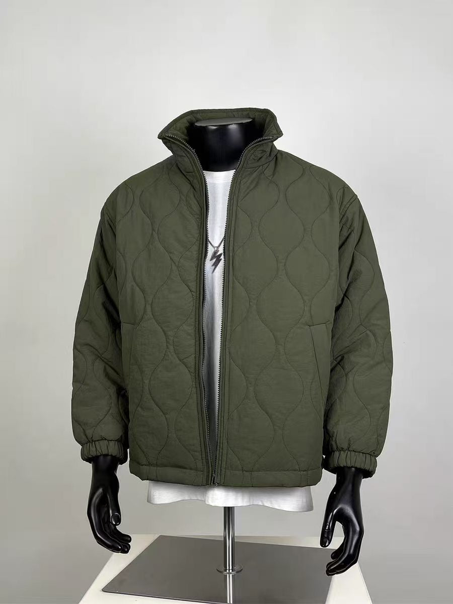Olive Green Quilted Puffer Jacket | Casual Stand Collar Bomber