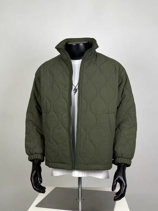 Olive Green Quilted Puffer Jacket | Casual Stand Collar Bomber