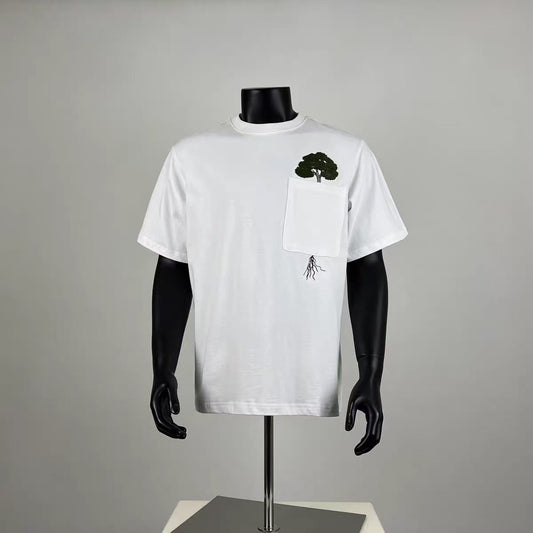 Men's White Tree Embroidery Pocket T-Shirt, Casual Minimalist Oversized Short Sleeve Top, Loose Fit Crewneck Tee for Summer