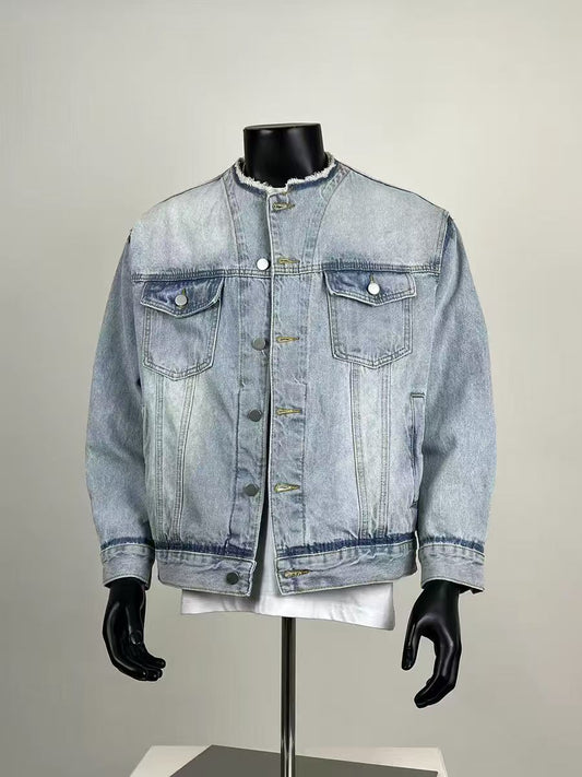 Men's Vintage Washed Collarless Denim Jacket, Distressed Frayed Neck Trucker Jacket for Casual Streetwear