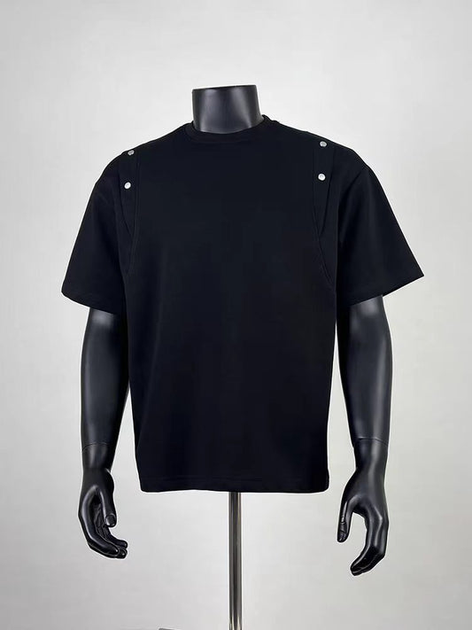 Men's Black Oversized T-Shirt with Shoulder Rivet Detailing - Edgy Streetwear Short Sleeve Tee