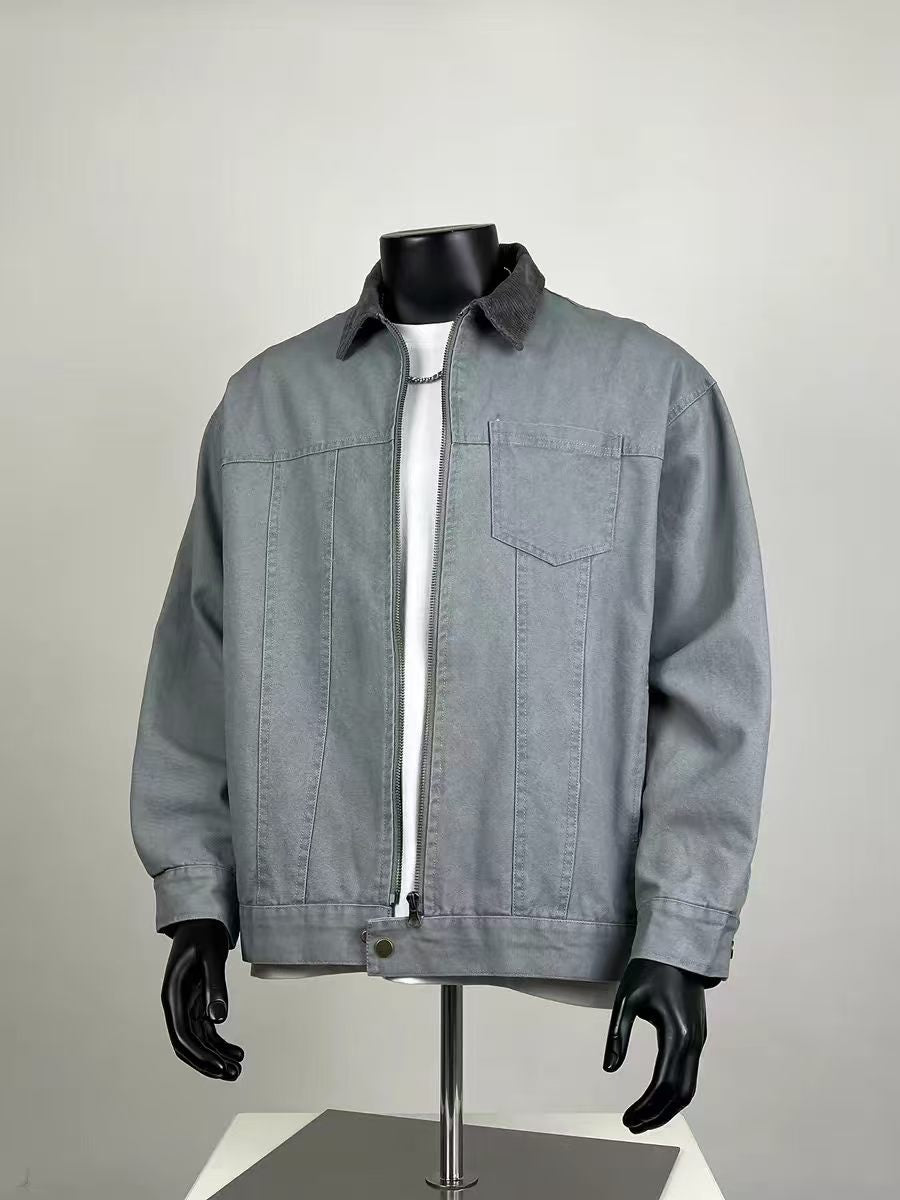 Men's Corduroy Collar Canvas Work Jacket, Casual Zip-Up Utility Jacket with Chest Pocket