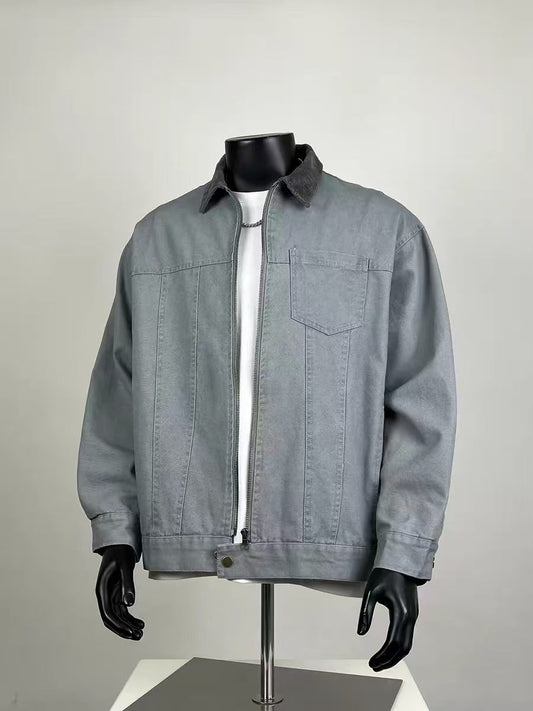 Men's Corduroy Collar Canvas Work Jacket, Casual Zip-Up Utility Jacket with Chest Pocket