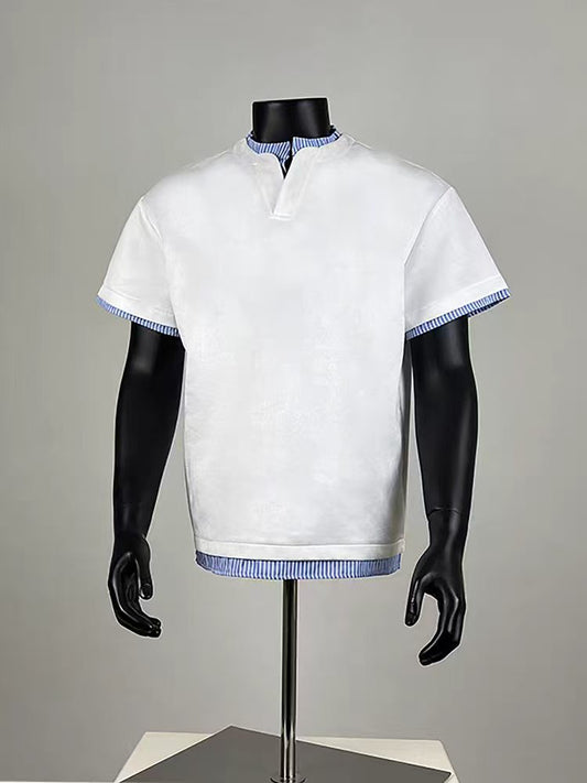 Men's White 2 in 1 Layered T-Shirt with Blue Striped Collar & Cuff, Contrast Patchwork Short Sleeve Tee, Smart Casual Top
