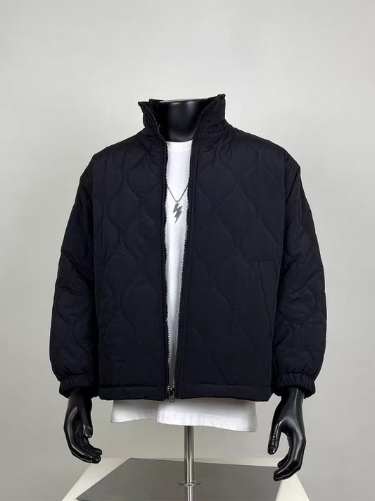 Black Quilted Puffer Jacket | Casual Stand Collar Bomber