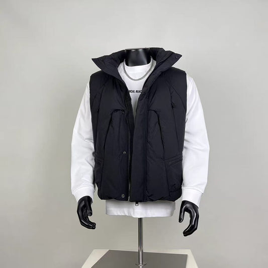 Men's Black Stand Collar Puffer Vest - Warm Sleeveless Outerwear