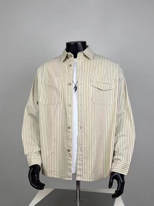 Men's Beige Vertical Stripe Button Down Shirt, Casual Long Sleeve Oversized Shirt with Chest Pockets
