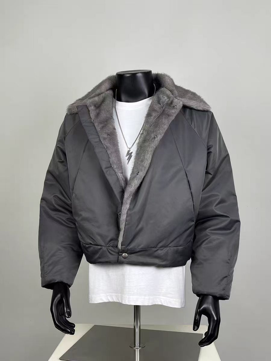 Men's Cropped Faux Fur Collar Padded Jacket - Grey Warm Winter Outerwear Coat