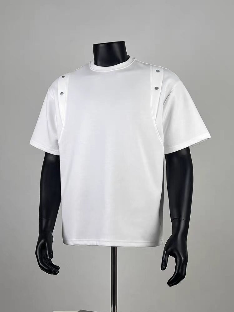 Men's White Oversized T-Shirt with Shoulder Rivet Detailing - Casual Streetwear Short Sleeve Top