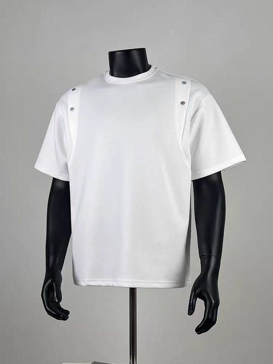 Men's White Oversized T-Shirt with Shoulder Rivet Detailing - Casual Streetwear Short Sleeve Top