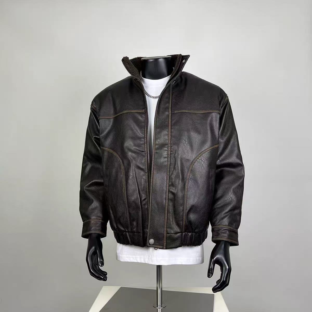Men's Vintage Brown Faux Leather Sherpa Lined Bomber Jacket | Winter Warm Moto Coat