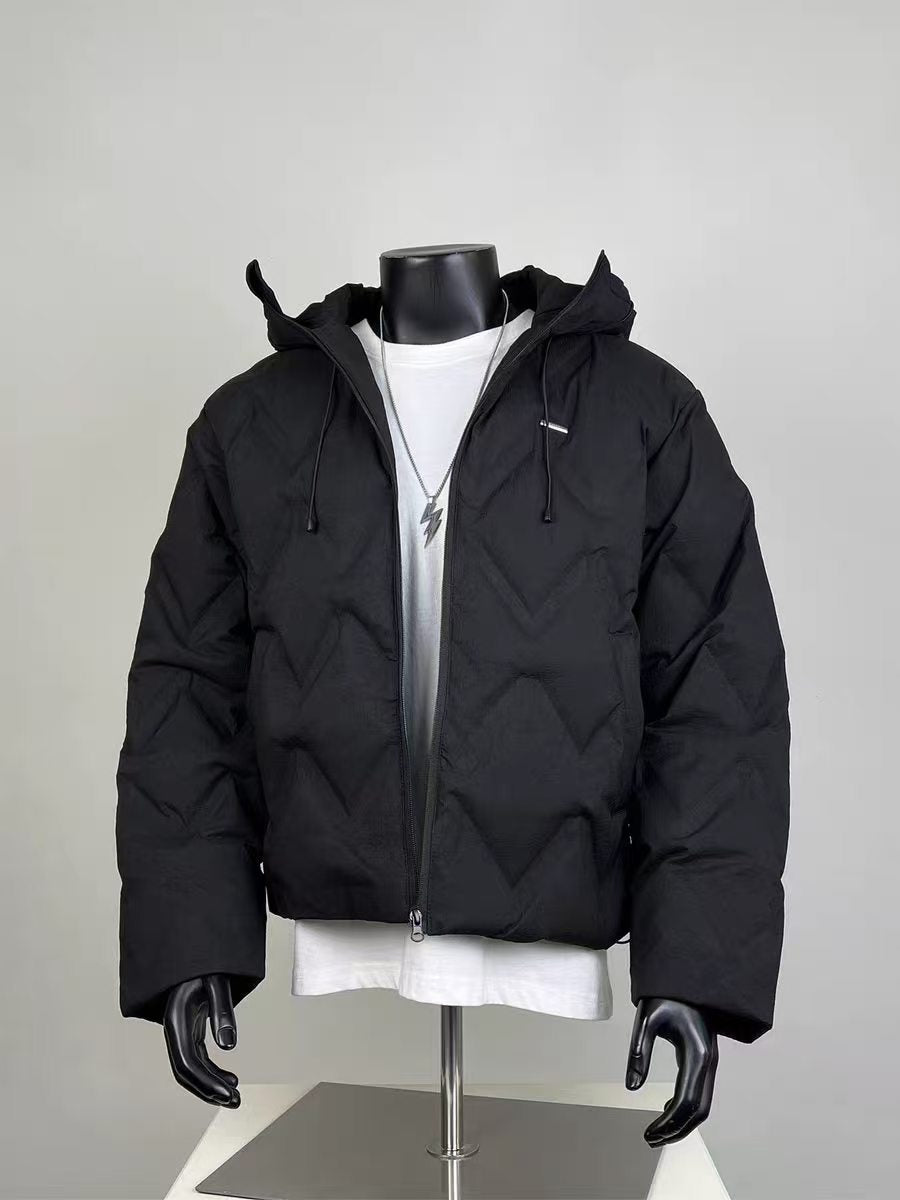 Men's Solid Black Chevron Quilted Hooded Puffer Jacket Winter Warm Outerwear