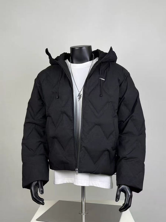 Men's Solid Black Chevron Quilted Hooded Puffer Jacket Winter Warm Outerwear