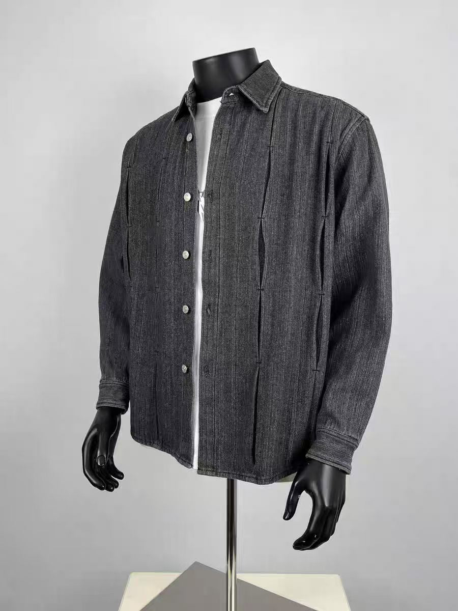 Men's Textured Pleated Denim Shirt Jacket, Dark Grey Herringbone Button Down Overshirt