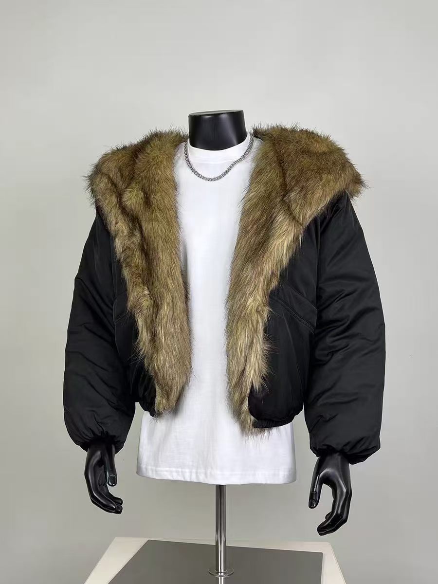 Men's Vintage Faux Fur Collar Cropped Puffer Jacket - Black Streetwear Warm Winter Coat