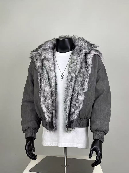 Grey Corduroy Faux Fur Lined Bomber Jacket | Winter Oversized Cropped Coat