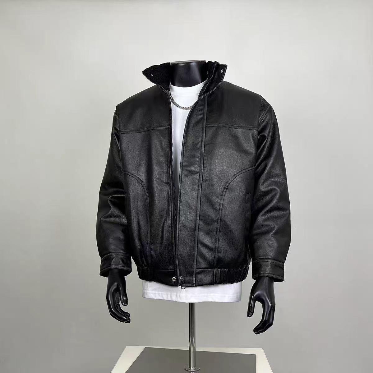 Black Faux Leather Sherpa Lined Bomber Jacket | Winter Warm Moto Coat