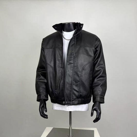Black Faux Leather Sherpa Lined Bomber Jacket | Winter Warm Moto Coat