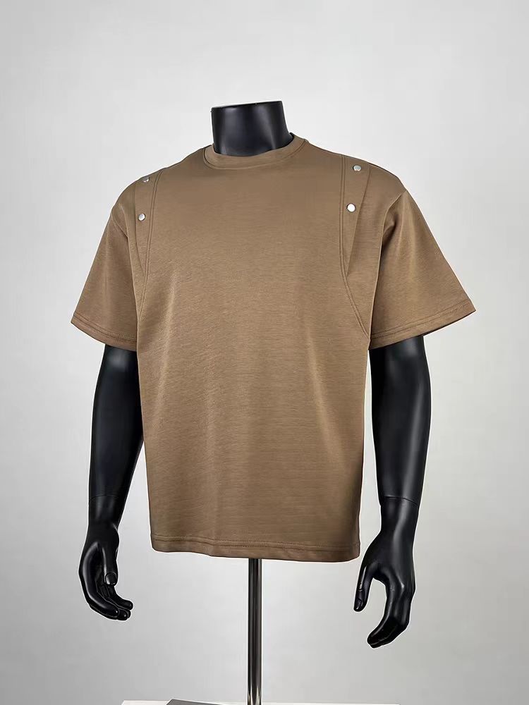 Men's Khaki Oversized T-Shirt with Shoulder Rivet Detailing - Casual Streetwear Short Sleeve Top