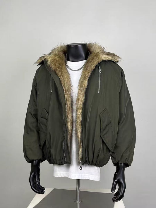 Men's Faux Fur Lined Hooded Bomber Jacket - Army Green Casual Winter Outerwear