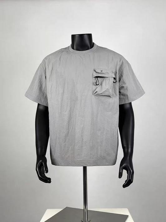 Men's Oversized Functional Pocket T-Shirt, Quick-Dry Nylon Blend Crew Neck Short Sleeve Tee, Techwear Streetwear Top