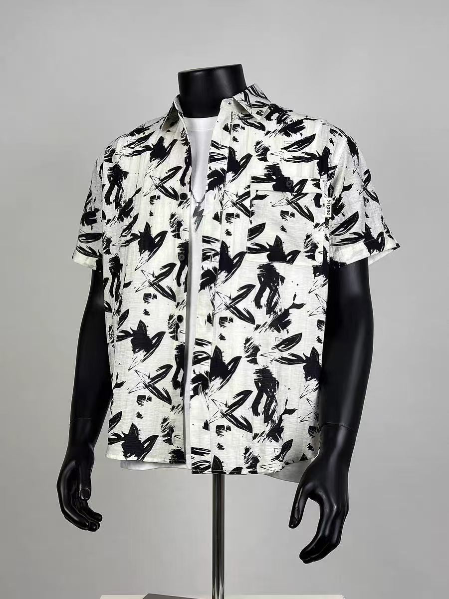 Men's Oversized Abstract Brushstroke Print Short Sleeve Button Up Shirt, Casual Loose Fit Artistic Shirt with Chest Pocket for Streetwear & Summer