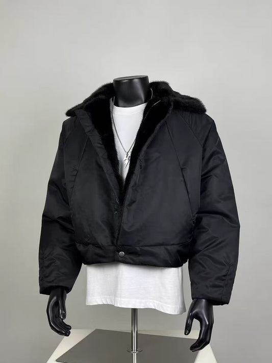 Men's Black Faux Fur Collar Cropped Puffer Jacket Thick Warm Winter Streetwear Coat
